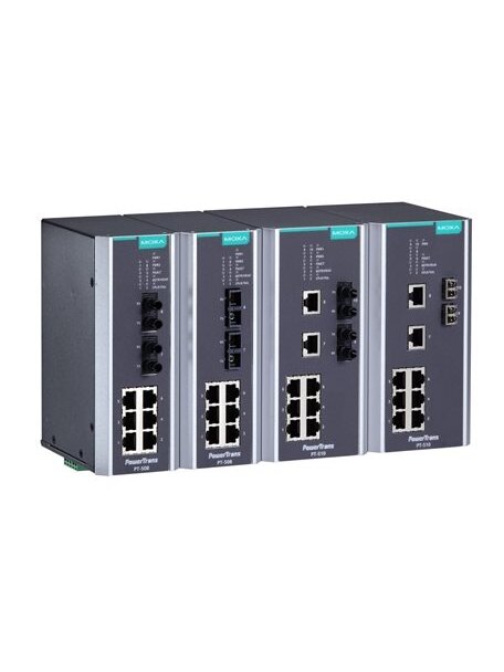 Moxa (PT-508-MM-LC-HV) IEC 61850-3 managed DIN-Rail Ethernet switch, with 6 10/100BaseT(X) ports, and 2 100BaseFX multi-mode ports with LC connectors, 1 isolated power supply (88 to 300 VDC or 85 to 264 VAC), -40 to 85°C operating temperature 1 Moxa (PT-508-MM-LC-HV) IEC 61850-3 managed DIN-Rail Ethernet switch, with 6 10/100BaseT(X) ports, and 2 100BaseFX multi-mode ports with LC connectors, 1 isolated power supply (88 to 300 VDC or 85 to 264 VAC), -40 to 85°C operating temperature 1