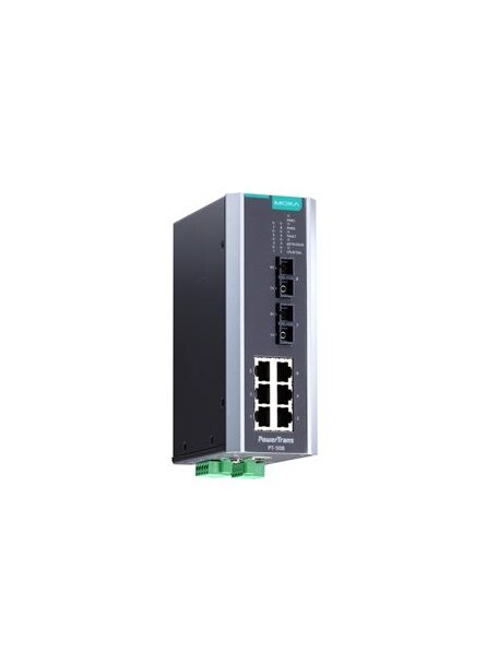 Moxa (PT-508-MM-SC-HV) IEC 61850-3 managed DIN-Rail Ethernet switch, with 6 10/100BaseT(X) ports, and 2 100BaseFX multi-mode ports with SC connectors, 1 isolated power supply (88 to 300 VDC or 85 to 264 VAC), -40 to 85°C operating temperature Moxa (PT-508-MM-SC-HV) IEC 61850-3 managed DIN-Rail Ethernet switch, with 6 10/100BaseT(X) ports, and 2 100BaseFX multi-mode ports with SC connectors, 1 isolated power supply (88 to 300 VDC or 85 to 264 VAC), -40 to 85°C operating temperature