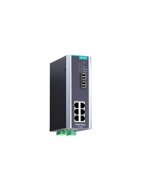 Moxa (PT-508-SS-LC-HV) IEC 61850-3 managed DIN-rail Ethernet switch, with 6 10/100BaseT(X) ports and 2 100BaseFX single-mode ports with LC connectors, 1 isolated power supply (88 to 300 VDC or 85 to 264 VAC), -40 to 85°C operating temperature