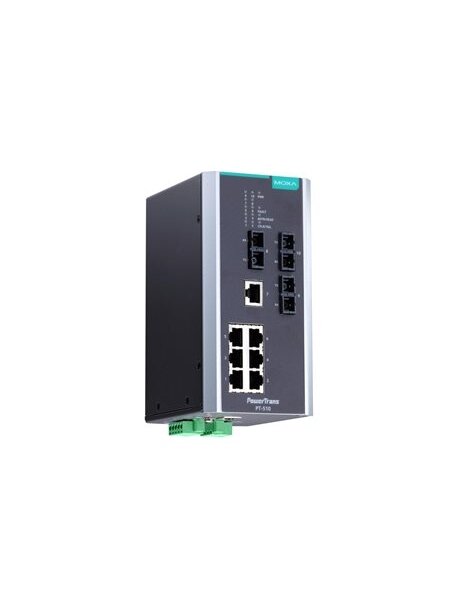Moxa (PT-510-3S-SC-HV) IEC 61850-3 managed DIN-rail Ethernet switch, with 7 10/100BaseT(X) ports and 3 100BaseFX single-mode ports with SC connectors, 1 isolated power supply (88 to 300 VDC or 85 to 264 VAC), -40 to 85°C operating temperature Moxa (PT-510-3S-SC-HV) IEC 61850-3 managed DIN-rail Ethernet switch, with 7 10/100BaseT(X) ports and 3 100BaseFX single-mode ports with SC connectors, 1 isolated power supply (88 to 300 VDC or 85 to 264 VAC), -40 to 85°C operating temperature