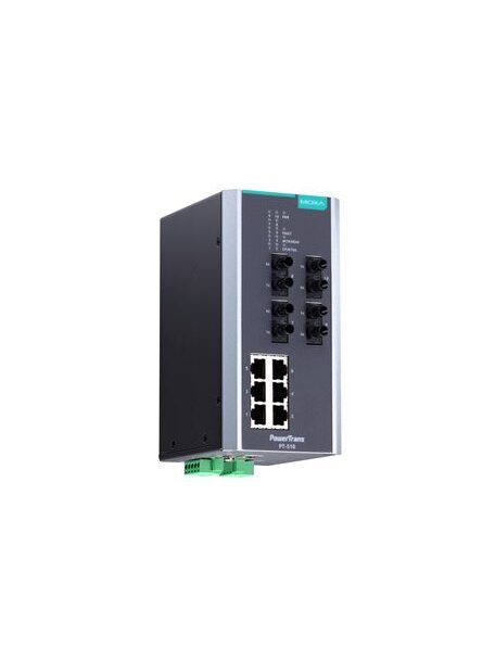 Moxa (PT-510-4M-ST-24) IEC 61850-3 managed DIN-rail Ethernet switch, with 6 10/100BaseT(X) ports and 4 100BaseFX multi-mode ports with ST connectors, 1 isolated power supply (24 VDC), -40 to 85°C operating temperature