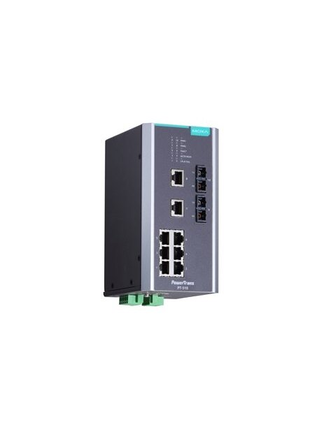 Moxa (PT-510-MM-SC-HV) IEC 61850-3 managed DIN-rail Ethernet switch, with 8 10/100BaseT(X) ports and 2 100BaseFX multi-mode ports with SC connectors, 1 isolated power supply (88 to 300 VDC or 85 to 264 VAC), -40 to 85°C operating temperature