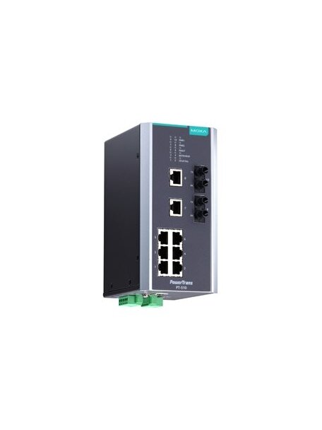 Moxa (PT-510-MM-ST-HV) IEC 61850-3 managed DIN-rail Ethernet switch, with 8 10/100BaseT(X) ports and 2 100BaseFX multi-mode ports with ST connectors, 1 isolated power supply (88 to 300 VDC or 85 to 264 VAC), -40 to 85°C operating temperature Moxa (PT-510-MM-ST-HV) IEC 61850-3 managed DIN-rail Ethernet switch, with 8 10/100BaseT(X) ports and 2 100BaseFX multi-mode ports with ST connectors, 1 isolated power supply (88 to 300 VDC or 85 to 264 VAC), -40 to 85°C operating temperature