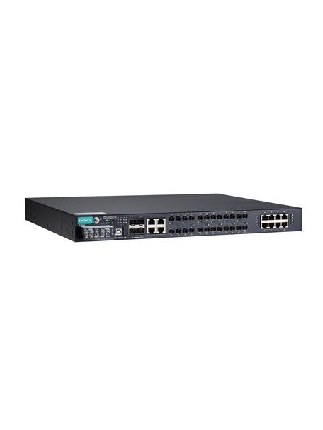 Moxa (PT-7528-8MST-16TX-4GSFP-WV-WV) IEC 61850-3 managed rackmount Ethernet switch with 8 100BaseFX ports (MST), 16 10/100BaseT(X) ports, and 4 1000BaseSFP ports, for a total of up to 28 ports, 2 isolated power supply (18 to 72 VDC), -40 to 85°C operating