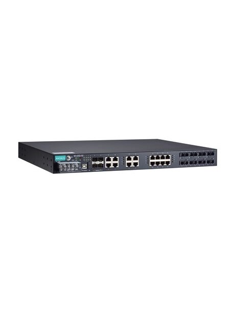 Moxa (PT-7528-8SSC-16TX-4GSFP-HV-HV) IEC 61850-3 managed rackmount Ethernet switch with 8 100BaseFX ports (SSC), 16 10/100BaseT(X) ports, and 4 1000BaseSFP ports, for a total of up to 28 ports, 2 isolated power supply (88 to 300 VDC or 85 to 264 VAC), -40
