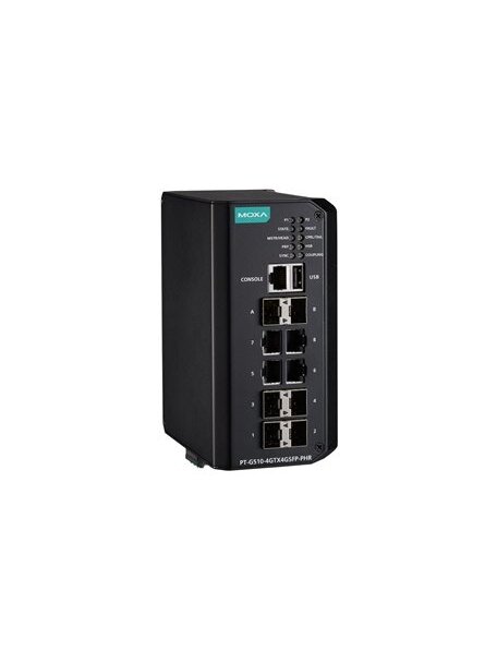 Moxa (PT-G510-4GTX4GSFP-PHR-HV) IEC 61850-3 and IEC 62439-3 full Gigabit managed Ethernet switch with 4 100/1000BaseT(X) ports, 6 100/1000Base SFP ports, isolated dual power supply (88 to 300 VDC or 85 to 264 VAC), -40 to 75°C operating temperature 3