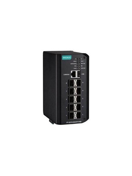 Moxa (PT-G510-8GSFP-PHR-HV-CT) IEC 61850-3 and IEC 62439-3 full Gigabit Managed Ethernet switch with 10 100/1000Base SFP ports, isolated dual power supply (88 to 300 VDC or 85 to 264 VAC), -40 to 75°C operating temperature, conformal coating