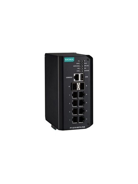 Moxa (PT-G510-8GTX-PHR-HV) IEC 61850-3 and IEC 62439-3 full Gigabit managed Ethernet switch with 8 100/1000BaseT(X) ports, 2 100/1000Base SFP ports, isolated dual power supply (88 to 300 VDC or 85 to 264 VAC), -40 to 75°C operating temperature Moxa (PT-G510-8GTX-PHR-HV) IEC 61850-3 and IEC 62439-3 full Gigabit managed Ethernet switch with 8 100/1000BaseT(X) ports, 2 100/1000Base SFP ports, isolated dual power supply (88 to 300 VDC or 85 to 264 VAC), -40 to 75°C operating temperature