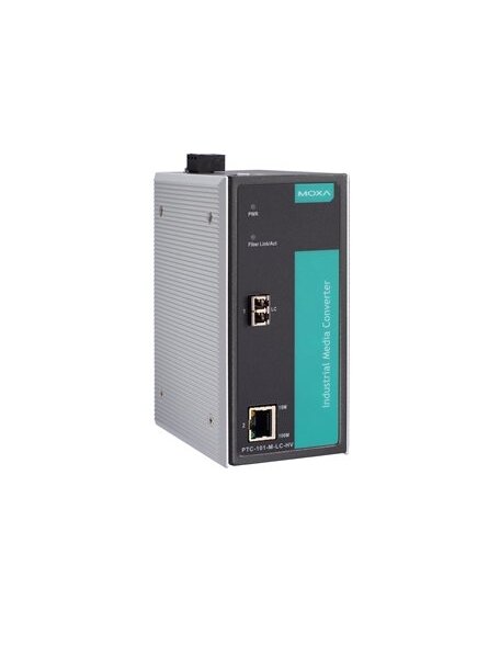 Moxa (PTC-101-M-LC-LV) Industrial 10/100BaseT(X) to 100BaseFX media converter, multi-mode with LC connector, dual redundant power inputs (20 to 70 VDC), -40 to 85°C operating temperature