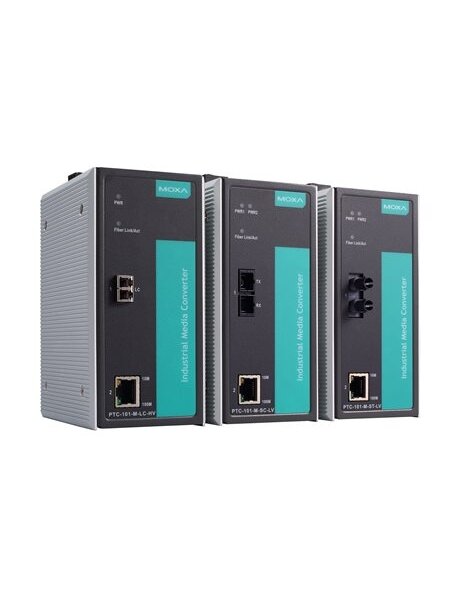 Moxa (PTC-101-S-LC-LV) Industrial 10/100BaseT(X) to 100BaseFX media converter, single-mode with LC connector, dual redundant power inputs (20 to 70 VDC), -40 to 85°C operating temperature