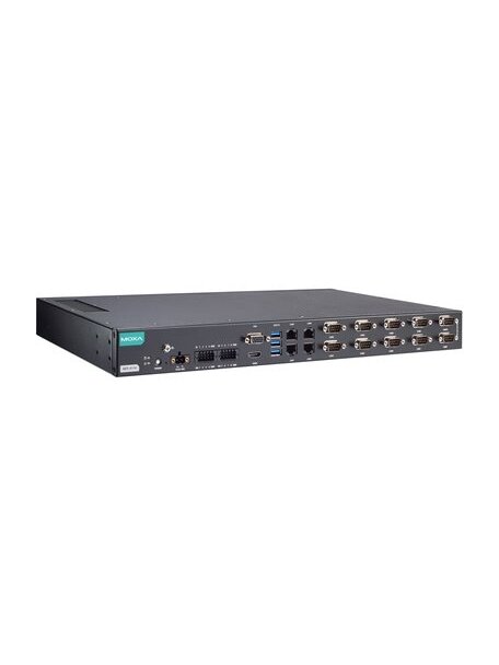 Moxa (RKP-A110-E2-8C-T) Rackmount 1U computer with Intel Atom® x6211E processor, 4 LAN ports, 10 serial ports, 8 DIs, 8 DOs, 3 USB 3.0 ports, 1 VGA port, 1 HDMI port, 2 SSD slots, 12/24 VDC power input, -30 to 60°C operating temperature