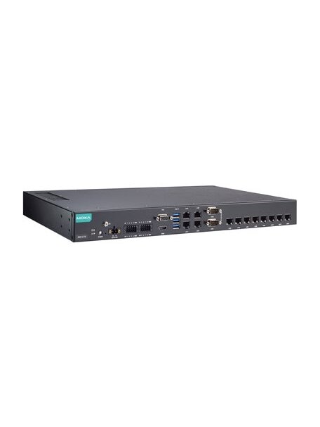 Moxa (RKP-C110-C1-8L-T) Rackmount 1U computer with Intel® Celeron® 6305E processor, 12 LAN ports, 2 serial ports, 8 DIs, 8 DOs, 3 USB 3.0 ports, 1 VGA port, 1 HDMI port, 2 SSD slots, 12/24 VDC power input, -30 to 60°C operating temperature