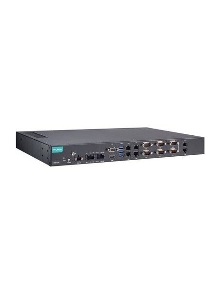 Moxa (RKP-C110-C3-T-Win10) Rackmount 1U computer with Intel® Core™ i3-1115G4E processor, 4 LAN ports, 2 serial ports, 8 DIs, 8 DOs, 3 USB 3.0 ports, 1 VGA port, 1 HDMI port, 2 SSD slots, 12/24 VDC power input, Windows 10 LTSC 2021 preinstalled, -30 to 60° 3