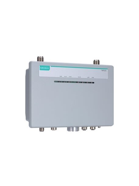 Moxa (TAP-213-JP-CT-T) Wi-Fi 4 (802.11n) railway onboard outdoor train-to-ground single-radio wireless AP/client, M12 connectors, IP68, JP band, -40 to 75°C operating temperature, conformal coating 1