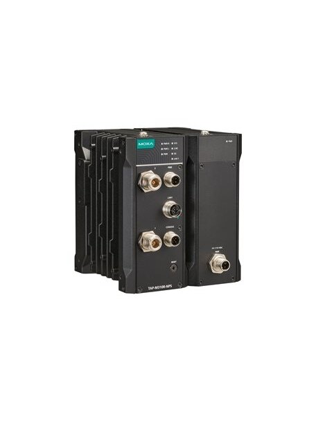 Moxa (TAP-M310R-NPS-1P1R-EU-CT-T) Wi-Fi 6 (802.11ax) railway onboard wireless AP/client with one radio module, no power splitters, one M12 K-coded 24 to 110 VDC input, EU band, -40 to 75°C operating temperature, conformal coating