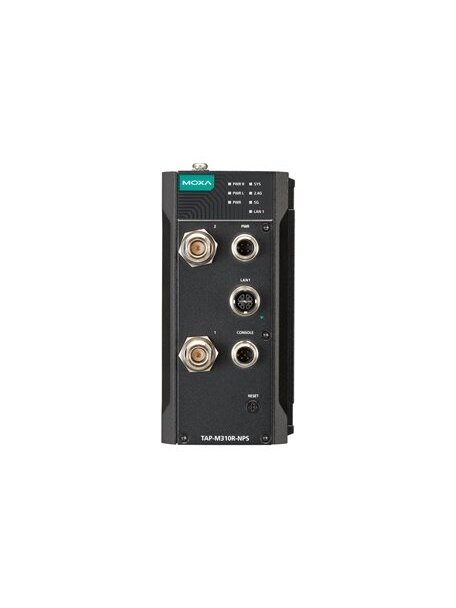 Moxa (TAP-M310R-NPS-1R-US-CT-T) Wi-Fi 6 (802.11ax) railway onboard wireless AP/client with one radio module, no power splitters, one M12 A-coded 24 VDC input, US band, -40 to 75°C operating temperature, conformal coating 2