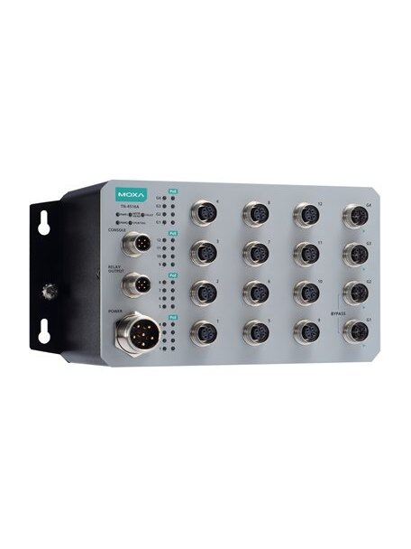 Moxa (TN-4516A-12PoE-2GPoE-2GTXBP-WV-CT-T) Layer 2 managed Ethernet switch with 12 PoE 10/100BaseT(X) ports with M12 connector, 2 PoE 10/100/1000BaseT(X) ports with M12 connector, 2 10/100/1000 BaseT(X) ports with M12 connector and bypass relay, 1 (dual i Moxa (TN-4516A-12PoE-2GPoE-2GTXBP-WV-CT-T) Layer 2 managed Ethernet switch with 12 PoE 10/100BaseT(X) ports with M12 connector, 2 PoE 10/100/1000BaseT(X) ports with M12 connector, 2 10/100/1000 BaseT(X) ports with M12 connector and bypass relay, 1 (dual i