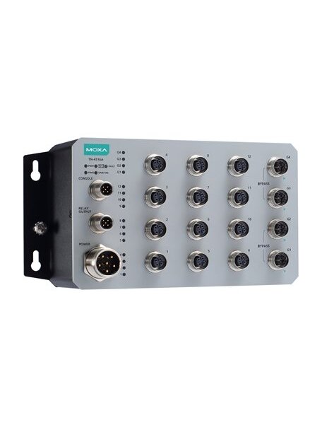 Moxa (TN-4516A-4GTXBP-WV-CT-T) Managed Ethernet switch with 12 10/100BaseT(X) ports, and 4 10/100/1000BaseT(X) ports with M12 connectors, 4 Gigabit Ethernet ports with bypass relay function support, dual redundant power inputs (24 to 110 VDC), -40 to 75°C Moxa (TN-4516A-4GTXBP-WV-CT-T) Managed Ethernet switch with 12 10/100BaseT(X) ports, and 4 10/100/1000BaseT(X) ports with M12 connectors, 4 Gigabit Ethernet ports with bypass relay function support, dual redundant power inputs (24 to 110 VDC), -40 to 75°C