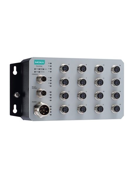 Moxa (TN-4516A-WV-CT-T) Layer 2 managed Ethernet switch with 16 10/100BaseT(X) ports with M12 connector, 1 (dual input) 24 to 110 VDC power supply, -40 to 70°C operating temperature, conformal coating