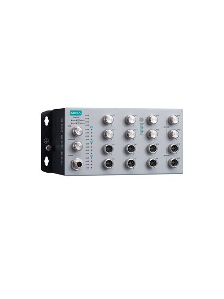 Moxa (TN-4516B-12GP-4GBP-CT-T) EN 50155 16-port L2 switch with 4 Gigabit ports (with bypass relay), 12 Gigabit PoE ports, 150 W PoE power budget, 24 to 110 VDC power input, -40 to 70°C operating temperature, IP42 rating, conformal coating