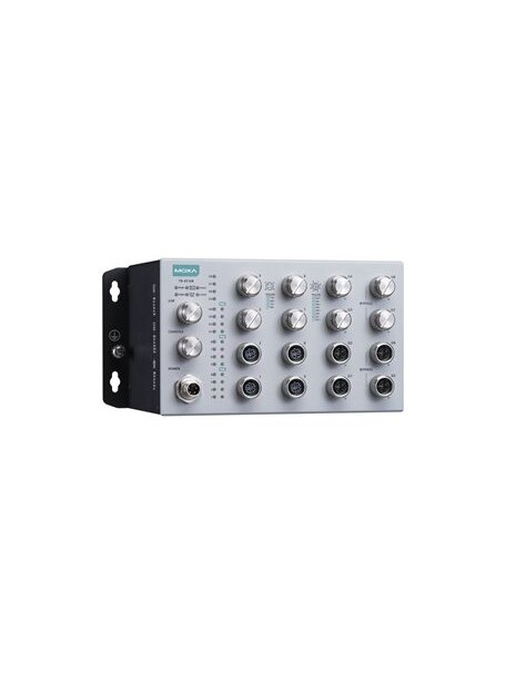 Moxa (TN-4516B-8P-4GP-4GBP-CT-T) EN 50155 16-port L2 switch including 8 FE PoE ports, 4 Gigabit ports with bypass relay, 4 Gigabit PoE ports, 150 W PoE power budget, 24 to 110 VDC power input, -40 to 70°C operating temperature, IP42, conformal coating