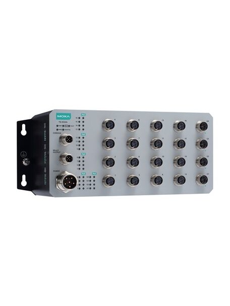 Moxa (TN-4520A-16PoE-4GPoE-WV-CT-T) Layer 2 managed Ethernet switch with 16 PoE 10/100BaseT(X) ports with M12 connector, 4 PoE 100/1000BaseT(X) ports with M12 connector, 1 (dual input) 24 to 110 VDC power supply, -40 to 70°C operating temperature, conform