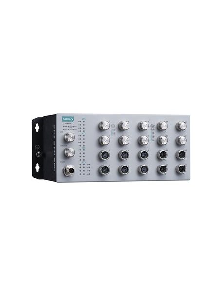 Moxa (TN-4520B-12P-4GP-4GBP-CT-T) EN 50155 20-port L2 switch including 12 FE PoE ports, 4 Gigabit PoE ports, 4 Gigabit ports with bypass relay, 150 W PoE power budget, 24 to 110 VDC power input, -40 to 70°C operating temperature, IP42, conformal coating Moxa (TN-4520B-12P-4GP-4GBP-CT-T) EN 50155 20-port L2 switch including 12 FE PoE ports, 4 Gigabit PoE ports, 4 Gigabit ports with bypass relay, 150 W PoE power budget, 24 to 110 VDC power input, -40 to 70°C operating temperature, IP42, conformal coating