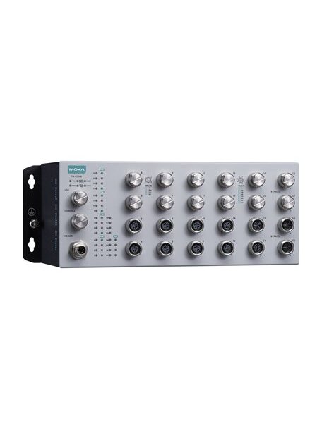 Moxa (TN-4524B-16P-4GP-4GBP-CT-T) EN 50155 24-port L2 switch with 16 FE PoE ports, 4 Gigabit ports (with bypass relay), 4 Gigabit PoE ports, 150 W PoE power budget, 24 to 110 VDC power input, -40 to 70°C operating temperature, IP42 rating, conformal coati