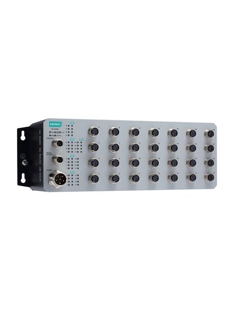 Moxa (TN-4528A-16PoE-4GPoE-WV-T) 16 PoE 10/100BaseT(X) ports with M12 connector, 8 10/100BaseT(X) ports with M12 connector, 4 PoE 10/100/1000BaseT(X) ports with M12 connector, 1 (dual input) 24 to 110 VDC power supply, -40 to 75°C operating temperature