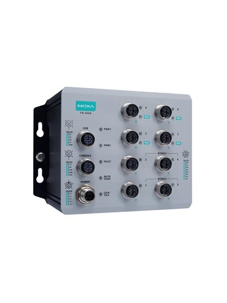 Moxa (TN-4908-ETBN-4GPoE-4GTXBP-WV-CT-T) IEC 61375 ETBN industrial secure router with 8 Gigabit Ethernet ports including 4 Gigabit PoE+ ports, 4 Gigabit Ethernet ports with bypass relay, total 50 W power budget, 24 to 110 VDC power input, IP40, -40 to 70° Moxa (TN-4908-ETBN-4GPoE-4GTXBP-WV-CT-T) IEC 61375 ETBN industrial secure router with 8 Gigabit Ethernet ports including 4 Gigabit PoE+ ports, 4 Gigabit Ethernet ports with bypass relay, total 50 W power budget, 24 to 110 VDC power input, IP40, -40 to 70°