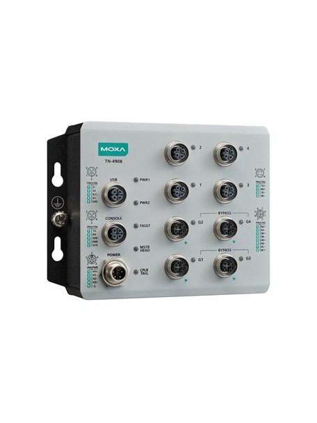 Moxa (TN-4908-ETBN-4GTXBP-WV-CT-T) IEC 61375 ETBN industrial secure router with 4 Fast Ethernet ports, 4 Gigabit Ethernet ports with bypass relay, 24 to 110 VDC power input, IP40, -40 to 70°C operating temperature, conformal coating