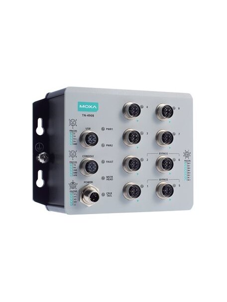 Moxa (TN-4908-ETBN-F-4GTX-4GTXBP-WV-CT-T) IEC 61375 ETBN industrial secure firewall router with 8 Gigabit Ethernet ports including 4 Gigabit Ethernet ports with bypass relay, 24 to 110 VDC power input, IP40, -40 to 70°C operating temperature, conformal co
