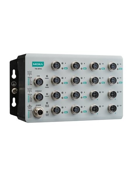Moxa (TN-4916-12PoE-4GTX-WV-CT-T) Industrial secure router with 12 Fast Ethernet PoE+ ports, 4 Gigabit Ethernet ports, total 95 W power budget, 24 to 110 VDC power input, IP40, -40 to 70°C operating temperature, conformal coating Moxa (TN-4916-12PoE-4GTX-WV-CT-T) Industrial secure router with 12 Fast Ethernet PoE+ ports, 4 Gigabit Ethernet ports, total 95 W power budget, 24 to 110 VDC power input, IP40, -40 to 70°C operating temperature, conformal coating