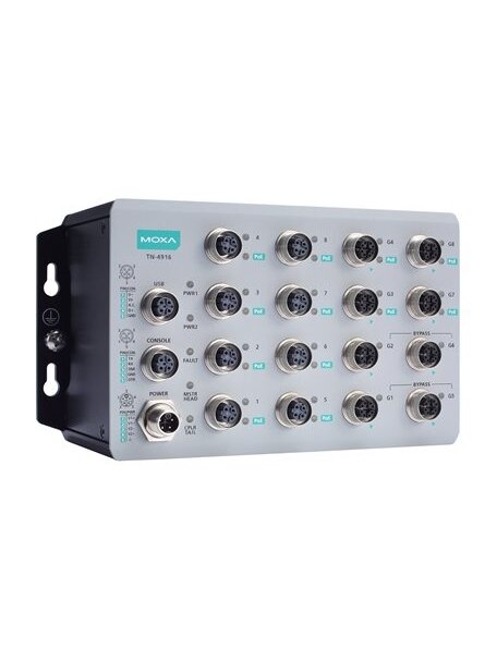 Moxa (TN-4916-ETBN-8PoE-4GPoE-4GTXBP-WV-CT-T) IEC 61375 ETBN industrial secure router with 8 Fast Ethernet PoE+ ports, 8 Gigabit Ethernet ports including 4 Gigabit Ethernet PoE+ ports, 4 Gigabit Ethernet ports with bypass relay, total 95 W power budget fo