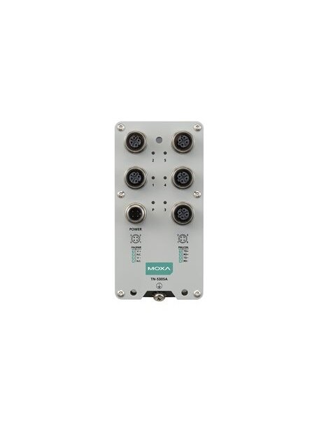Moxa (TN-5305A-WV-T) EN 50155 unmanaged Ethernet switch with 5 10/100BaseT(X) ports, M12 connector, single power input, 24 to 110 VDC, -40 to 70°C operating temperature 2