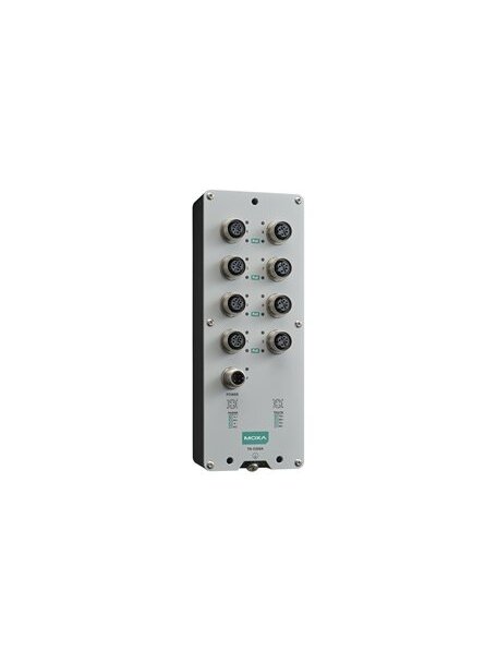Moxa (TN-5308A-8PoE-WV-CT-T) EN 50155 unmanaged Ethernet switch with 8 10/100BaseT(X) PoE ports, M12 connector, single power input, 24 to 110 VDC, -40 to 70°C operating temperature, conformal coating