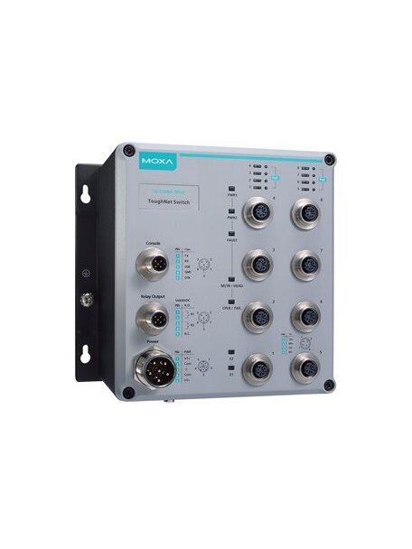 Moxa (TN-5508A-8PoE-WV-T) 8 10/100BaseT(X) with 802.3at PoE+ ports with M12 connector, power input 24 to 110 VDC, -40 to 75°C operating temperature