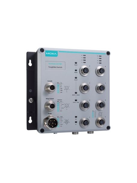 Moxa (TN-5510A-2GTX-WV-CT-T) Layer 2 managed Ethernet switch with 8 10/100BaseT(X) and 2 10/100/1000BaseT(X) ports with M12 connector, 24 to 110 VDC dual power input, -40 to 75°C operating temperature, conformal coating