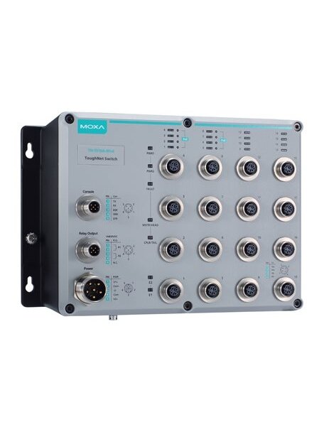 Moxa (TN-5516A-8PoE-WV-CT-T) Layer 2 managed Ethernet switch with 8 10/100BaseT(X) ports and 8 802.3at PoE+ M12 connectors, 24 to 110 VDC, -40 to 75°C operating temperature, conformal coating Moxa (TN-5516A-8PoE-WV-CT-T) Layer 2 managed Ethernet switch with 8 10/100BaseT(X) ports and 8 802.3at PoE+ M12 connectors, 24 to 110 VDC, -40 to 75°C operating temperature, conformal coating