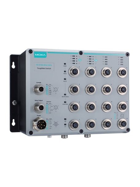 Moxa (TN-5518A-8PoE-2GTX-WV-T) Layer 2 managed Ethernet switch with 8 10/100BaseT(X) ports and 8 802.3at PoE+ M12 connectors, 2 10/100/1000BaseT(X) with M12 connectors, 24 to 110 VDC, -40 to 75°C operating temperature