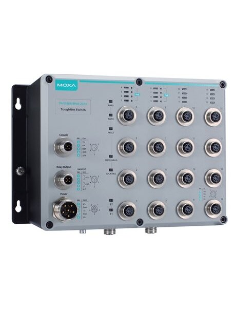 Moxa (TN-5518A-8PoE-2GTXBP-WV-T) Layer 2 managed Ethernet switch with 8 10/100BaseT(X) ports and 8 802.3at PoE+ M12 connectors, 2 10/100/1000BaseT(X) M12 connectors with bypass function, 24 to 110 VDC, -40 to 75°C operating temperature