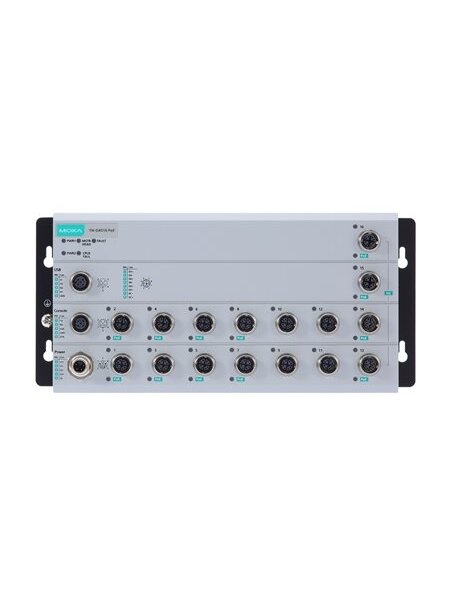 Moxa (TN-G4516-8GPoE-4XGPoE-WV-T) EN 50155 Layer 2 multi-Gigabit switch with 4 Gigabit Ethernet ports, 8 Gigabit Ethernet PoE+ ports, 4 10G Ethernet PoE+ ports, 120 W PoE power budget, 24 to 110 VDC power input, IP40, -40 to 70°C operating temperature 3