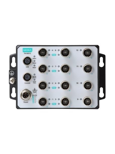 Moxa (TN-G6512-8GPoE-WV-T) Layer 2 Managed Ethernet switch, 8 10/100/1000BaseT(X) ports with 802.3at PoE+ and 4 10/100/1000BaseT(X) M12 connectors, 24 to 110 VDC power input, -40 to 70°C operating temperature 1 Moxa (TN-G6512-8GPoE-WV-T) Layer 2 Managed Ethernet switch, 8 10/100/1000BaseT(X) ports with 802.3at PoE+ and 4 10/100/1000BaseT(X) M12 connectors, 24 to 110 VDC power input, -40 to 70°C operating temperature 1