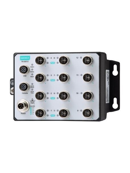 Moxa (TN-G6512-8GPoE-WV-T) Layer 2 Managed Ethernet switch, 8 10/100/1000BaseT(X) ports with 802.3at PoE+ and 4 10/100/1000BaseT(X) M12 connectors, 24 to 110 VDC power input, -40 to 70°C operating temperature 2 Moxa (TN-G6512-8GPoE-WV-T) Layer 2 Managed Ethernet switch, 8 10/100/1000BaseT(X) ports with 802.3at PoE+ and 4 10/100/1000BaseT(X) M12 connectors, 24 to 110 VDC power input, -40 to 70°C operating temperature 2