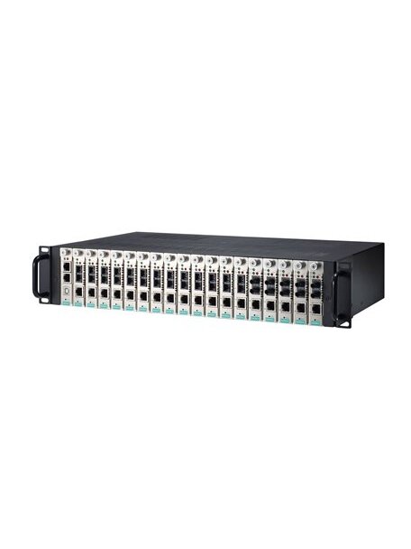 Moxa (TRC-2190-AC) 2U rackmount chassis, with a single 110 to 240 VAC input, 18 slots on the front panel, and CSM-MN01 managed module 2 Moxa (TRC-2190-AC) 2U rackmount chassis, with a single 110 to 240 VAC input, 18 slots on the front panel, and CSM-MN01 managed module 2