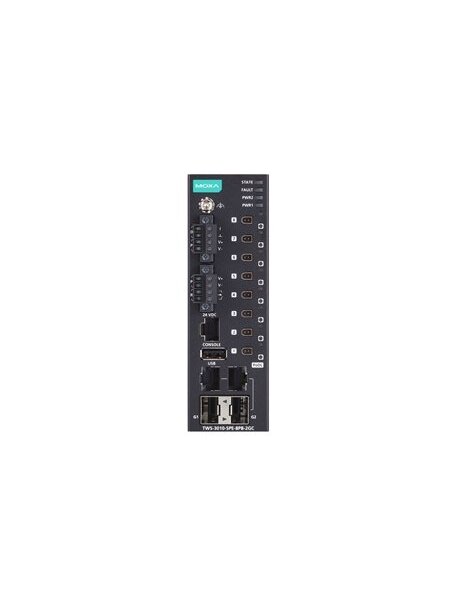 Moxa (TWS-3010-SPE-8PB-2GC-T) Managed single-pair Ethernet switch with 2 10/100/1000BaseT(X) or 100/1000BaseSFP ports, 8 10BASE-T1L ports with IEC 63171-2 SPE connectors and PoDL power classes 10, 11, and 12, dual 24 VDC power supplies, -40 to 75°C operat 2