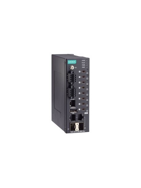 Moxa (TWS-3010-SPE-8PB-2GC-T) Managed single-pair Ethernet switch with 2 10/100/1000BaseT(X) or 100/1000BaseSFP ports, 8 10BASE-T1L ports with IEC 63171-2 SPE connectors and PoDL power classes 10, 11, and 12, dual 24 VDC power supplies, -40 to 75°C operat