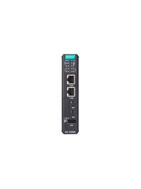 Moxa (UC-1222A) Arm® Cortex®-A53 dual-core 64-bit 1-GHz industrial computer with 2 Ethernet ports, 2 RS-232/422/485 serial ports, 1 USB 2.0 port, 1 mPCIe expansion slot, 12 to 24 VDC, TPM v2.0 module, Moxa Industrial Linux (Debian 11, kernel 5.10), -40 to 2