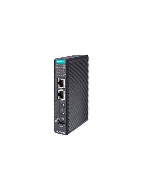 Moxa (UC-1222A) Arm® Cortex®-A53 dual-core 64-bit 1-GHz industrial computer with 2 Ethernet ports, 2 RS-232/422/485 serial ports, 1 USB 2.0 port, 1 mPCIe expansion slot, 12 to 24 VDC, TPM v2.0 module, Moxa Industrial Linux (Debian 11, kernel 5.10), -40 to 3