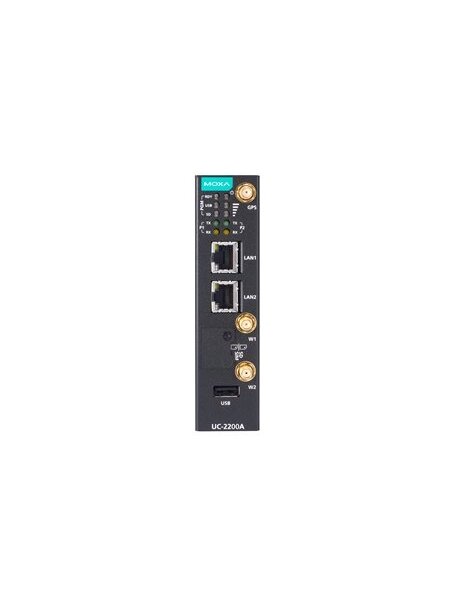 Moxa (UC-2222A-T-US) Arm® Cortex®-A53 dual-core 64-bit 1-GHz industrial computer with 2 Ethernet ports, 2 RS-232/422/485 serial ports, 1 USB 2.0 port, 1 mPCIe expansion slot with LTE Cat. 4 module for the U.S. region preinstalled, 12 to 24 VDC, TPM v2.0 m 2